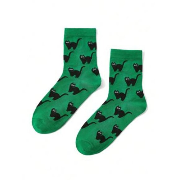 Flacwind Artist Dark Cute Black Cat Pattern Kawaii Jacquard Mid-Calf Socks - Picture 1 of 3